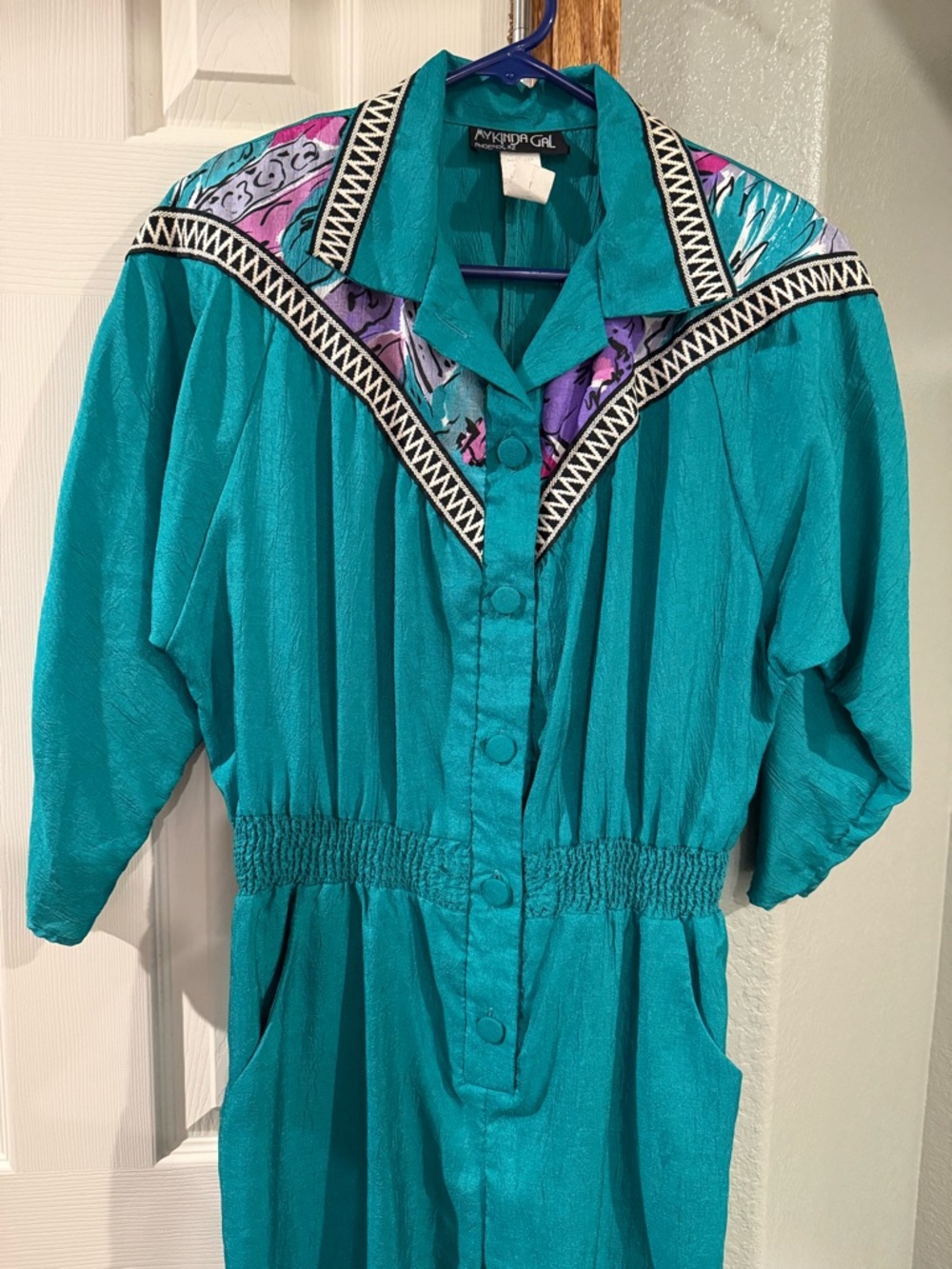 Teal Button-Front Romper with Patterned Yoke